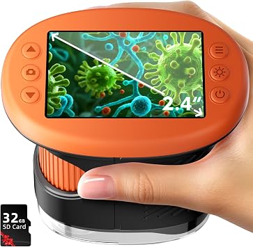 Odatay 2.4" 4K 1000X Digital Kids Microscope with 32G Card 12 Slides Orange