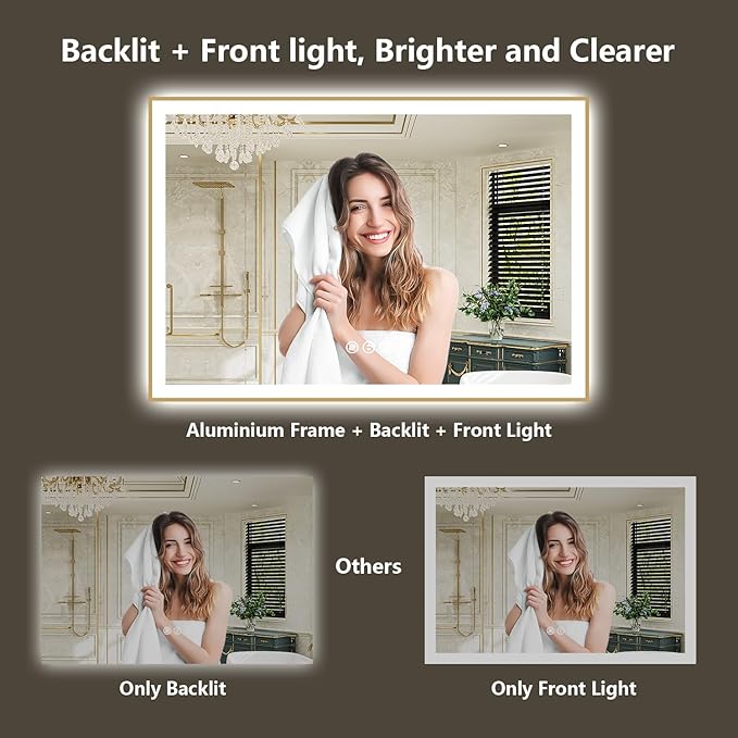 72x32 Inch LED Bathroom Mirror with Lights (Front Lit and Backlit) Gold Framed Lighted Vanity Mirror for Bathroom Wall Dimmable Anti-Fog Memory Tempered Glass Horizontal/Vertical