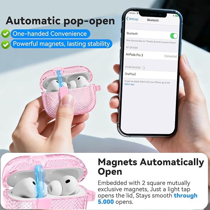 for AirPods Pro 3 Case with Phone Stand & Secure Lock, Auto-Open Clear Case Cover Compatible with Apple AirPods Pro 3rd Generation with Cleaning Kit & Keychain