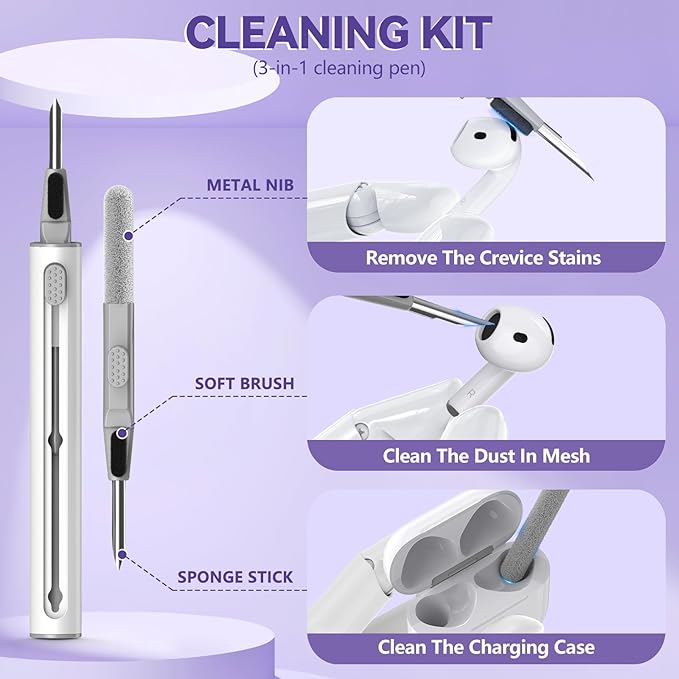 Inesore with Safety Lock for AirPods 4 Case,Clear Floral Cute AirPod 4th Generation Case for Women Girly with Cleaner Kit and Keychain- Purple Bell Flower
