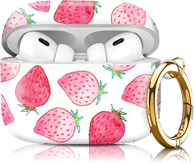 Compatible with Airpod pro 2nd/1st Generation Case Cover with Gold Round Keychain Cute Pattern Hard & Anti Slip Cover for Men Women & Girls（Pink Strawberry）