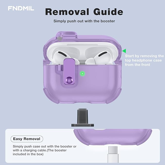 Case for AirPods Pro Case Cover with [Lock Safety & Pop Up][Military Shockproof] Anti-Yellow Transparent Soft TPU Wireless Charging for AirPods Pro Generation Case with Keychain,Clear Purple