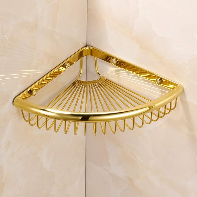Shower Caddies Corner Shelf for Bathroom Brass Basket Organizers and Storage Shampoo Soap Holder Polished Gold