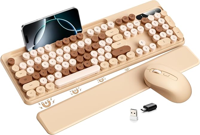 Hamile Wireless Keyboard and Mouse Combo, Retro Typewriter Style, Beige