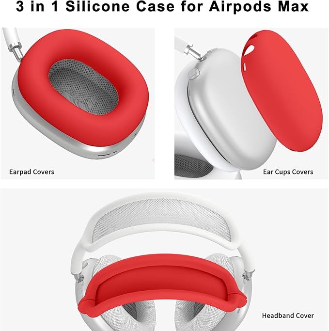 Silicone Case Cover for AirPods Max, Ear Pad Case Cover/Ear Cups Cover/Headband Cover for AirPods Max Headphones, Accessories Soft Silicone Protector for Apple AirPods Max New USB-C (2024) (Red)