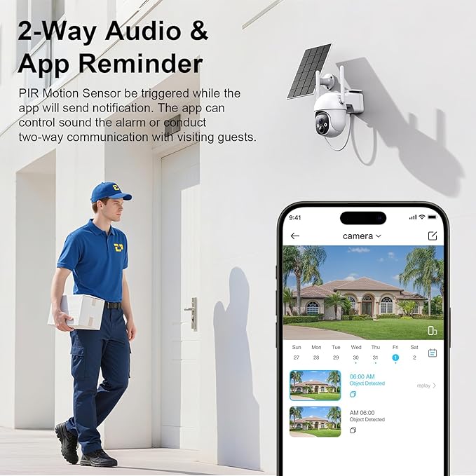 2K Solar Security Cameras Wireless Outdoor, 360° View WiFi Cameras for Home Security with PIR Detection, 2-Way Audio, IP65 Waterproof Spotlight Siren Alarm, SD/Cloud Storage Only 2.4Ghz WiFi