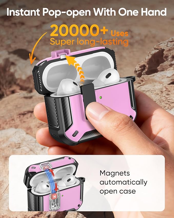 MoKo for AirPods Pro 3 Case with Lock 2025 - Compatible with MagSafe, Phone Stand & Auto Pop-up for AirPods Pro 3rd Generation Case, Military-Grade Protective Cover with Cleaner Kit. Pink+Black