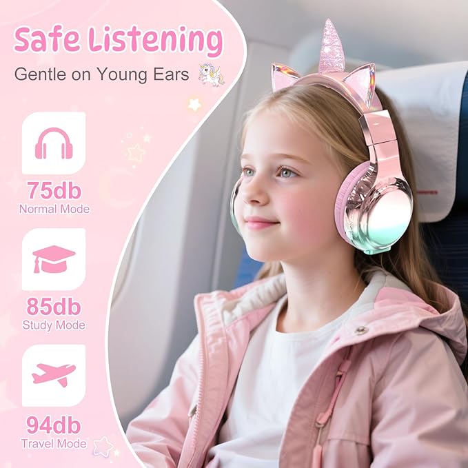 QearFun Kids Unicorn Bluetooth Headphones, 60H Playtime, 74/85/94dB Safe Volume Limit, Metallic Gradient Wireless Headset with Mic, Fast Charging, Foldable, Wired Mode for Girls School/Tablet/Travel