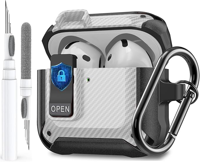 for Airpods 4 Case with Lock Clip, Rugged Apple Airpods 4th Generation Cover 2024 Men Women, Armor Shockproof iPod 4 Gen Protective Hard Shell with Carabiner&Cleaner kit,CF Black/White