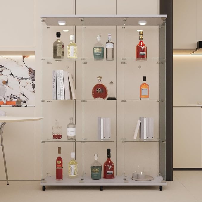 LFT HUIMEI2Y Glass Display Cabinet 12 Shelves with 3 Columns 2 Doors, LED Light and Lock, Extra Large Curio Cabinets Quick-Install Style Tempered Glass Bookshelf for Living Room, Kitchen White