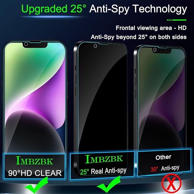 IMBZBK [Auto-Dust Removal] 3 Pack Privacy Screen Protector for iPhone 14 Anti Spy Private Accessories, Case Friendly Film, Military Grade Tempered Glass 3 Camera Lens Protector