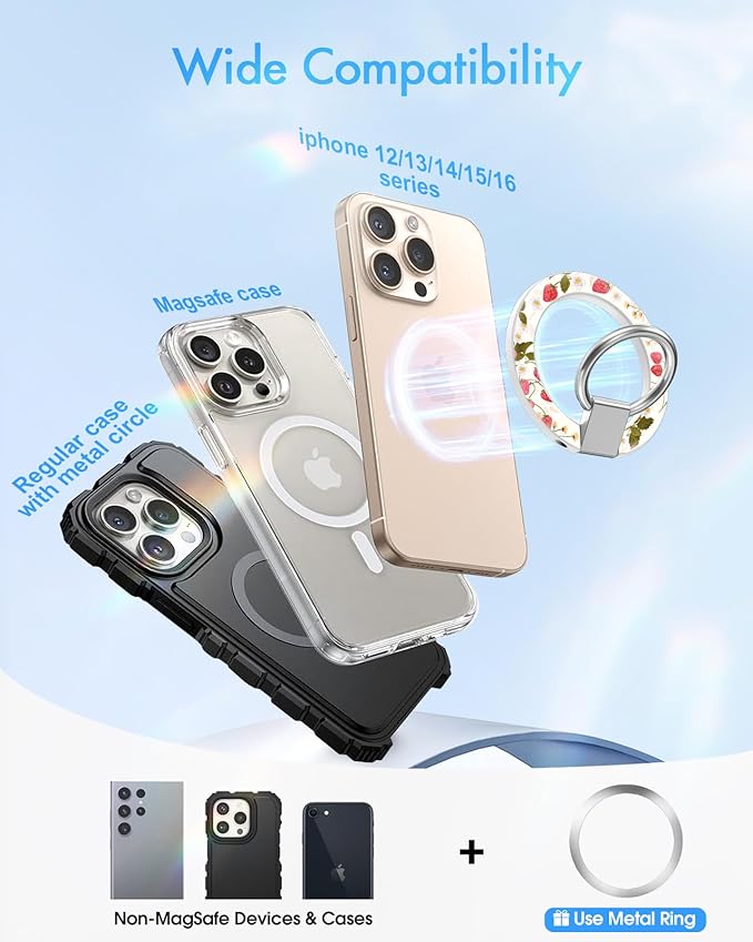 Toycamp Phone Grip Ring Holder Compatible with MagSafe - Magnetic Phone Grip Stand Women Cute Painting Removable Rotatable Magnet Accessories for iPhone 17 Pro Max/16/15/14/13/12 Series, Strawberry