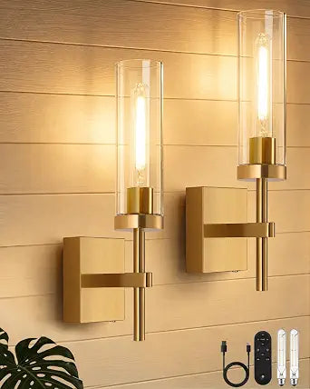 Wireless Wall Sconces with Remote Control, 10000mAh Battery Operated Wall Sconce Set of 2, Brush Gold Rechargeable Dimmable Wall Lights for Bedroom Living Room Bathroom Hallway Entryway, 3000K