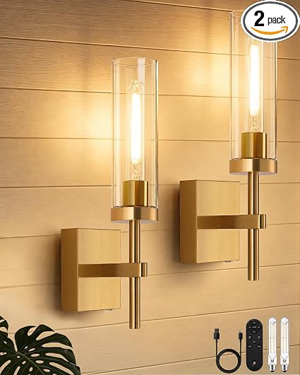 Wireless Wall Sconces with Remote Control, 10000mAh Battery Operated Wall Sconce Set of 2, Brush Gold Rechargeable Dimmable Wall Lights for Bedroom Living Room Bathroom Hallway Entryway, 3000K