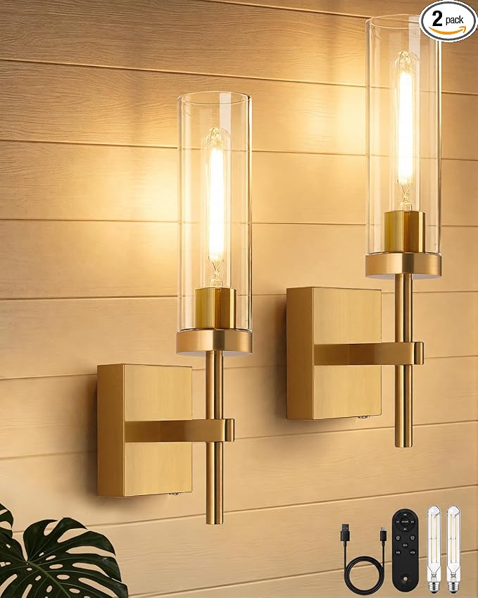 Wireless Wall Sconces with Remote Control, 10000mAh Battery Operated Wall Sconce Set of 2, Brush Gold Rechargeable Dimmable Wall Lights for Bedroom Living Room Bathroom Hallway Entryway, 3000K