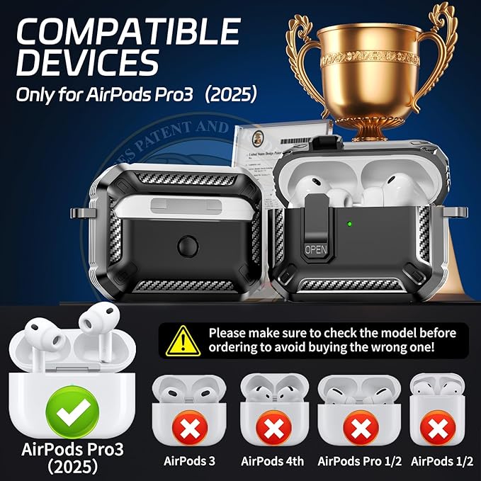 for AirPods Pro 3 Case (2025 New), Secure Lock Cases Cover with Cleaning Kit & Keychain Compatible with Airpods Pro 3rd Generation Case for Men Women, Powerful Drop Protection