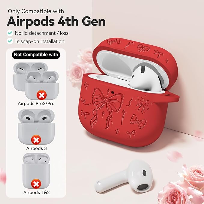 for Airpods 4 Case Cover, Joremx Cute Bow Engraved Silicone Protective Case Cover with Keychain, Cleaner Kit for AirPods 4th Generation Case 2024 (Red)