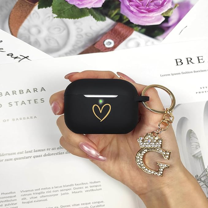 Compatible with AirPods Pro 3 Case Cover (2025), Soft Silicone Case with Gold Heart Pattern for AirPods Pro 3rd Generation Case with Rhinestone Studded Letter A-Z Keychain (G Black)