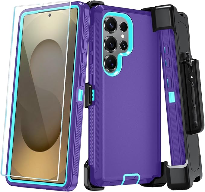 ONOLA Phone Case for Samsung Galaxy S25 Ultra Case with HD Screen Protector, Heavy Duty Shockproof & Dropproof 3-Layer Cover Phone Case for Galaxy S25 Ultra 6.9''，BeltClip_Purple