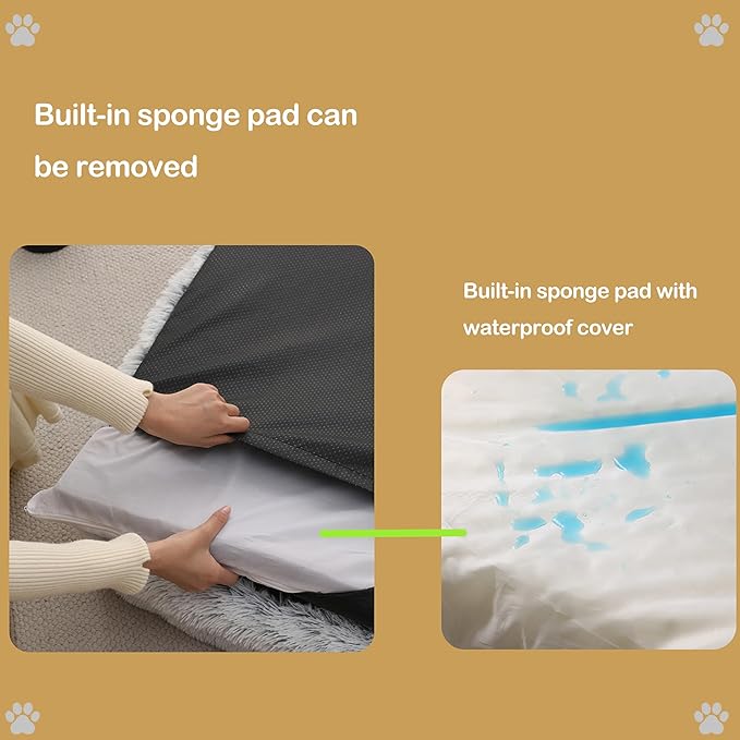 Orthopedic Dog Bed for Medium Dogs - Washable Memory Foam Pet Sofa, Fluffy Plush Rectangular Bed, Waterproof Anti-Anxiety Couch, Khaki, M
