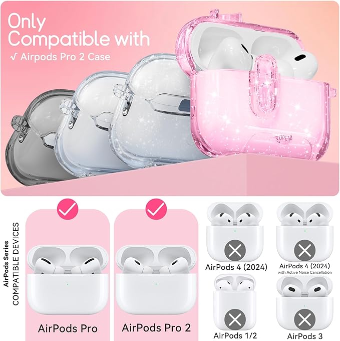 Clear Case for Airpods Pro 2 Case Cover with Safety Lock,Soft TPU Cover with Phone Stand & Cleaning Kit,Cute Bling Keychain for Women Girls-Glitter Pink