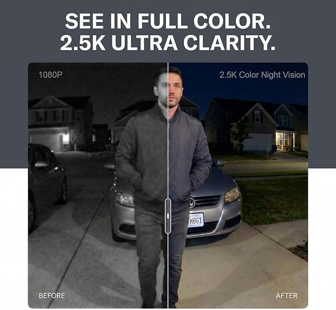 2.5K Solar Security Camera: Wireless Outdoor 4MP Color Night Vision with Solar Panel Keeps 100% Charged & Dual-Band WiFi 6 – No Monthly Fee for Garage/Driveway – Capture Faces & Plates