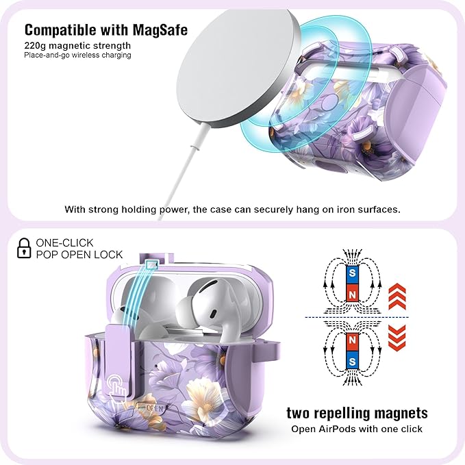 wenew case Compatible with AirPods Pro 2nd/1st Case Cover with Phone Stand, Cleaning Kit, Lanyard, Compatible with Magsafe One-Click Pop Open Lock iPod Pro Case (Purple, AirPods Pro & Pro 2)