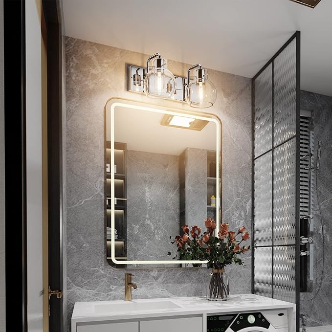 Tipace Chrome Vintage Bathroom Vanity Light,2 Lights Modern Stainless Steel with Globe Clear Glass Bathroom Light Fixtures Industrial Wall Mount Lighting Sconce(Exclude Bulb)