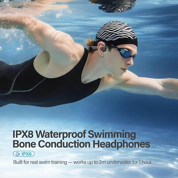 New Bone Conduction Headphones IPX8 Waterproof Swimming Headphones, Open Ear with MP3 Mode, 32GB Memory, 8 Hours Playtime, Bluetooth 6.0 Earbuds with Secure Fit for Running, Fitness, Cycling & Outdoor
