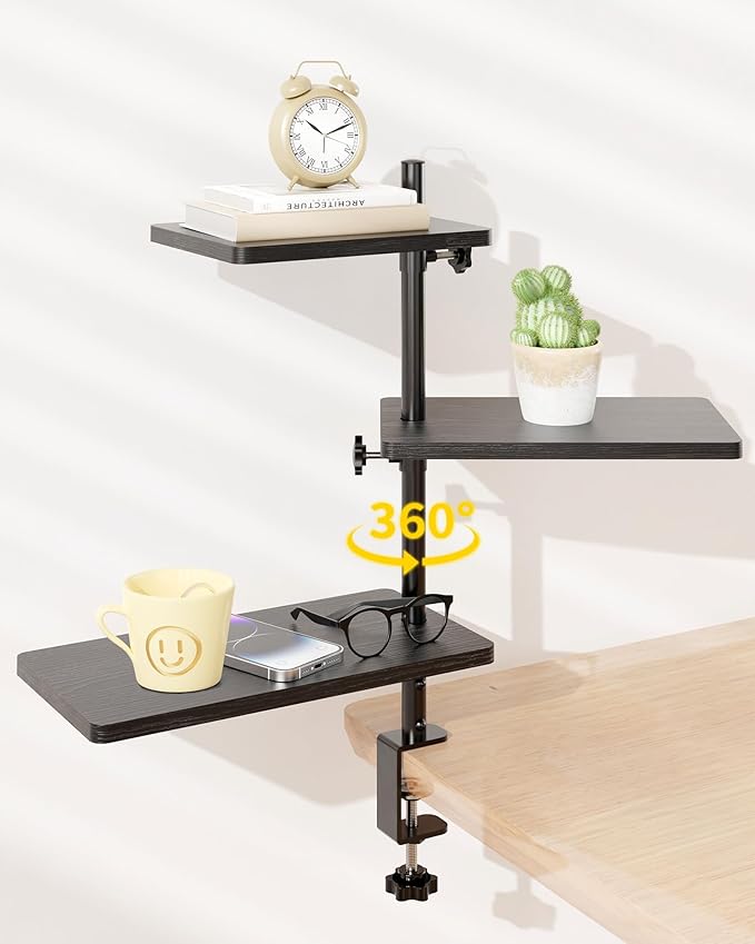 3 Tiers Clamp On Desk Shelf, 360¡ã Angle Adjustable Desktop Shelf Organizer for Home Office Gaming Room, No Drill Desk Extender Adapt to 0.4-2.16 inches Table Thick, Black Brown
