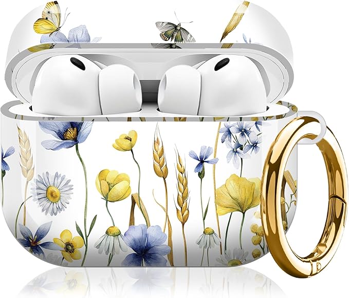 Compatible with AirPod Pro 3 (2025),Cute Case Cover for Women & Men, Full Protection Shockproof Hard Case with Keychain, Wireless Charging Case Accessories(Wildflowers Butterflies)