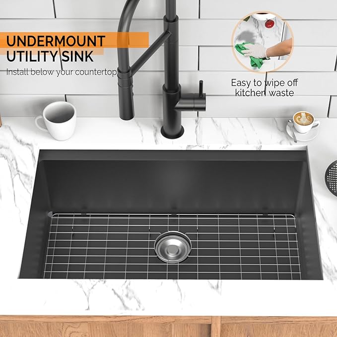 ROVSUN 30 Inch Stainless Steel Undermount, Kitchen Utility Sink, Workstation Deep Single Bowl, Integrated Ledge Multifunctional Workstation Sink Set,Black