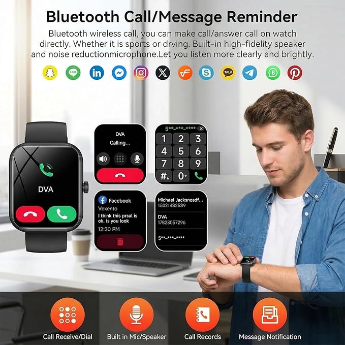 Smart Watch for Men Women with Alexa Built-in, 1.83" HD Full Touch, Bluetooth Calling, 24/7 Heart Rate Sleep Monitor, 100+ Sport Modes, IP68 Waterproof, Compatible with iOS Android (Black)