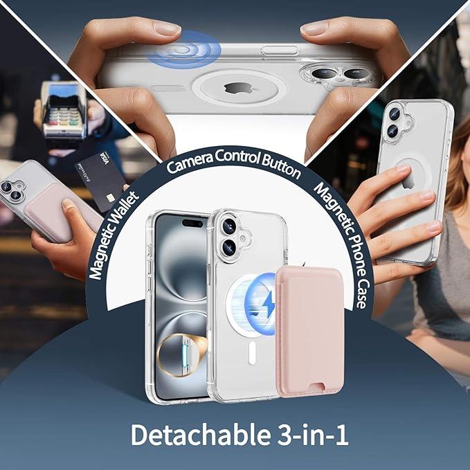 Magnetic for iPhone 16 Clear Case with Pink Detachable Wallet, Compatible with MagSafe, Credit Card Holder with Slim Shockproof Protective Phone Cover