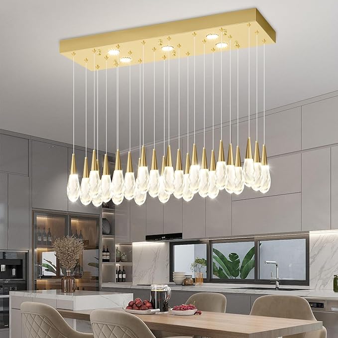 Rectangular Chandelier 24-Lights LED Dimmable Raindrop Chandeliers for High Ceiling Large Chandelier Light Fixture Gold High Ceiling Pendant Lights for Villa Living Room Staircase
