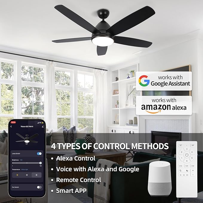 Smart Ceiling Fan with Light, 52 Inch Modern Black Outdoor Ceiling Fan and Remote/App, Dimmable Tri-Color LED and Reversible Motor for Indoor Bedroom/Outdoor Covered Patio
