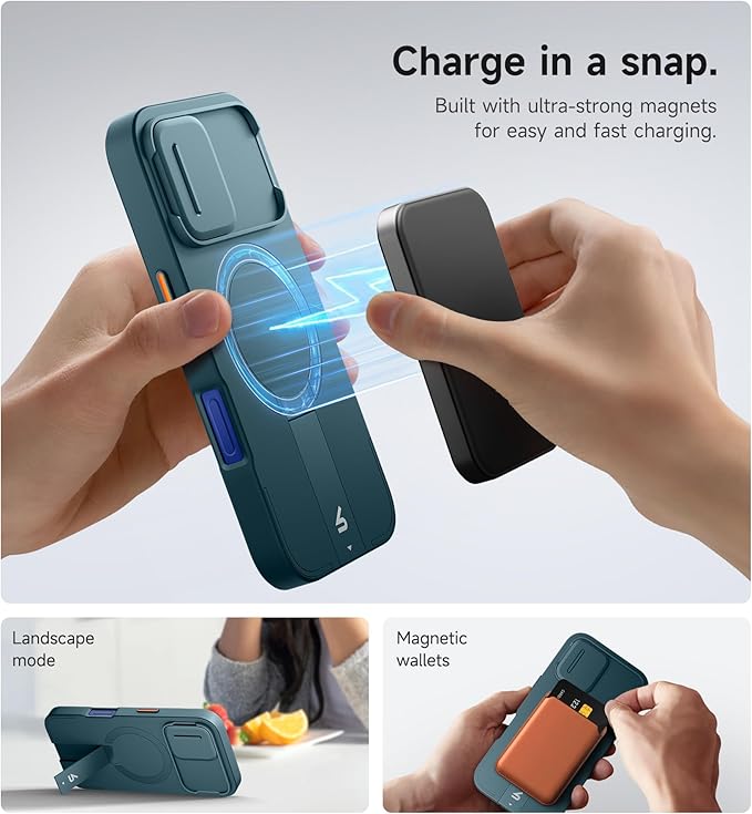 SURITCH for iPhone 16 Case with Magnetic Camera Slide Cover and Adjustable Kickstand, Compatible with MagSafe, Shockproof Bumper Case Slim Protective Cover 6.1 Inch, Lake Green