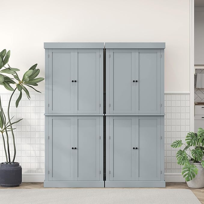 HOMCOM 72.5" Freestanding Kitchen Pantry Cabinet, Tall Storage Cabinet with 4 Doors and 2 Adjustable Shelves for Dining Room, Gray