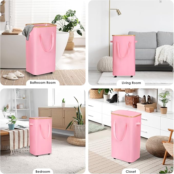 WELTRXE Laundry Hamper on Wheels 110L Large Clothes Basket with Lid and Extended Handles, Foldable Laundry Hamper for Bedroom, Bathroom, Dorm, Laundry Room, Pink Rolling Laundry Basket with Wash Bag