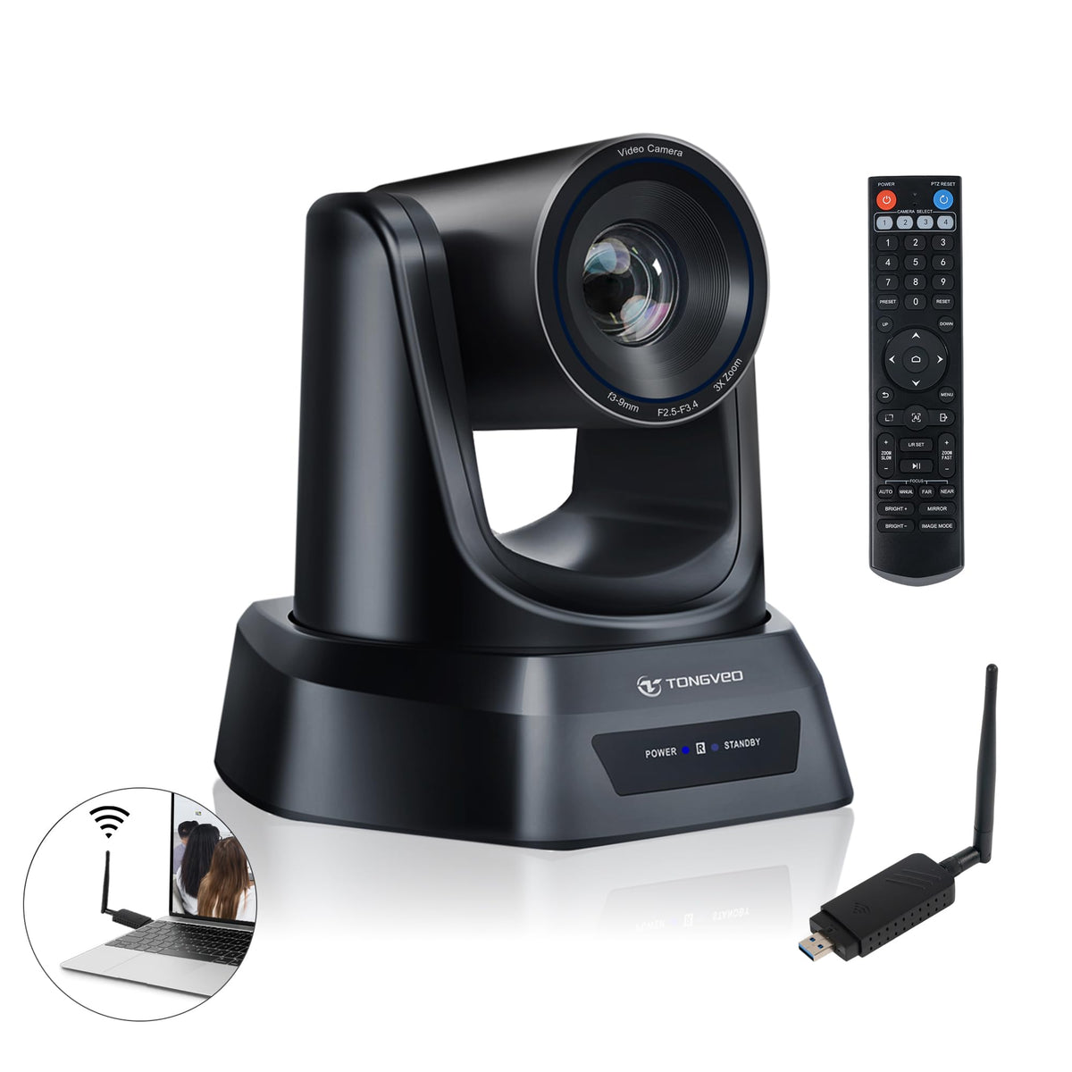 TONGVEO Wireless AI PTZ Camera with Auto-Tracking: Built-in 5.8GHz Receiver for Cable-Free Setup, 1080P 60fps 3X Zoom Conference Camera for Church Services, Online Classes & Hybrid Meetings