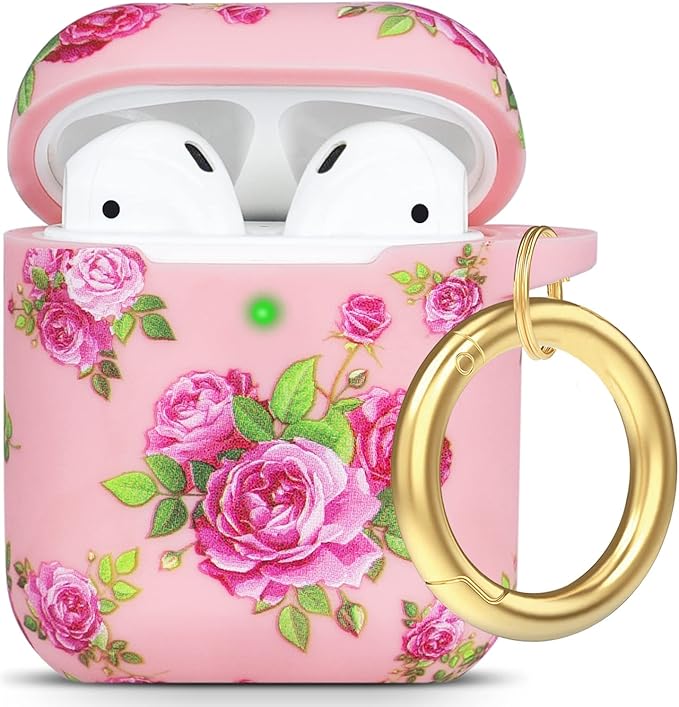 Flower Silicone Compatible with Airpods Case, Gawnock Soft Case Cover Flexible for Compatible with Airpods 2nd/1st Generation Floral Print Cover for Women Girls with Keychain - Pink Flower