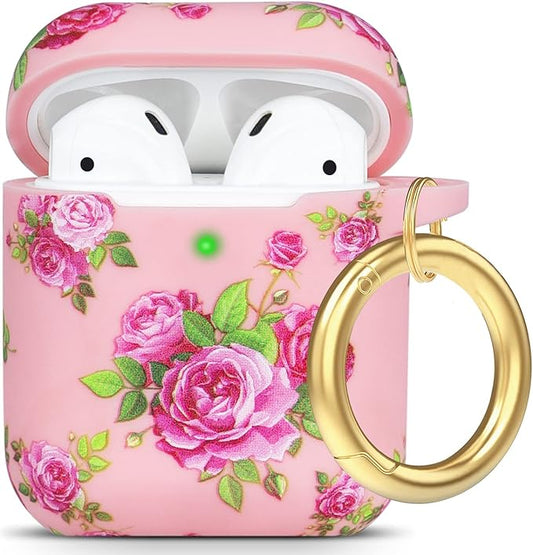 Flower Silicone Compatible with Airpods Case, Gawnock Soft Case Cover Flexible for Compatible with Airpods 2nd/1st Generation Floral Print Cover for Women Girls with Keychain - Pink Flower