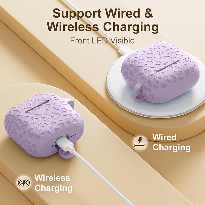 Leopard Engraved Compatible AirPods 4 Case, Soft Silicone Protective Case for Apple AirPods 4th Gen, Cute Accessory with Keychain (Lavender)