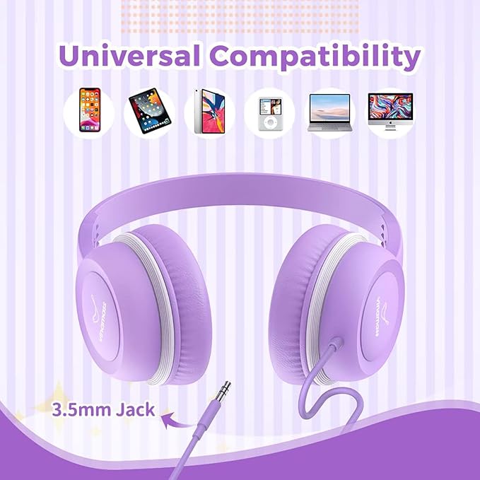 Kids Headphones, Wired Headphones for Kid with Safe Volume Limiter, Kid Headphone with Cord 3.5mm Jack, On-Ear Girls Boys Toddler Headphone for School