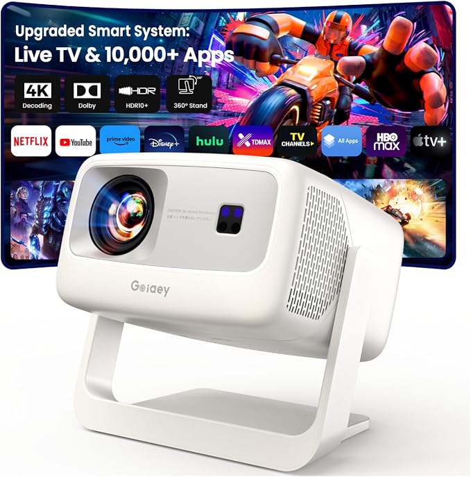 Outdoor-4K-Projector [10,000+ Apps/Live TV/65W Dolby/High ANSI] with WiFi and Bluetooth, AI Auto Focus & Keystone, HDR10+, All-in-One Streaming, Upgraded GO2 White Short Throw Projector with 360°Stand - Image 8