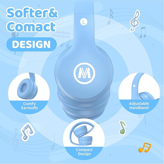Headphones Kids Bluetooth 5.4 Wireless Play Time 68H Safe Volume Limit 85/94dB Over-Ear Foldable Headset,Fast Charging,with Aux Cord Built-in Mic for Toddler Child Pad Study Tablet Blue