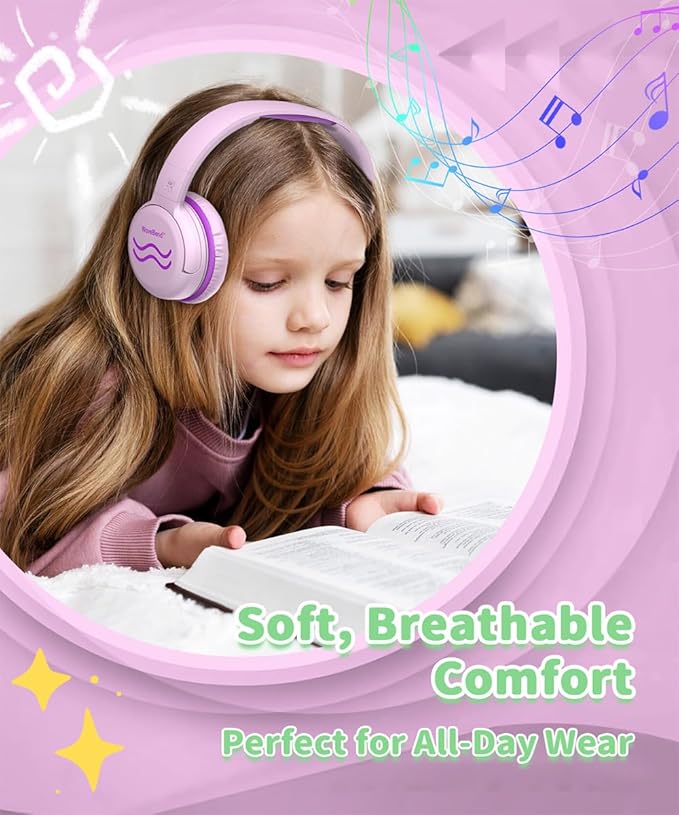 Wired Kids Headphones with Mic, Foldable, Volume Control Safe Listening(85/94dB), 3.5mm Jack on-Ear Headset for Chilren/Teens/Easter Day/School/Travel/Plane/Tablet/Laptop, PinkPurple