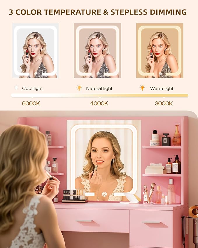 Large Makeup Vanity Desk, 43.3“W x 15.7”D x 53.2“H, Pink (Large Desktop, Samrt LED Mirror, 4 Open Shelves, 7 Drawers, Hairdryer Rack, Power-Outlet, No Cushion Stool Included)
