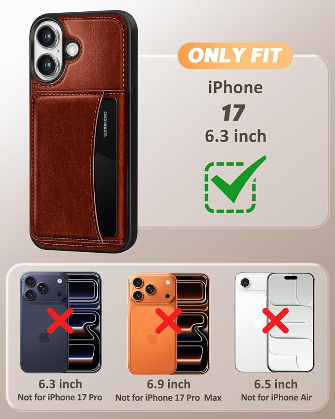for iPhone 17 Case with Wallet - Fits 4 Card Slots, Compatible with MagSafe for Women Men Durable PU Leather Credit Card Holder Kickstand Phone Cover for Apple 17, Brown