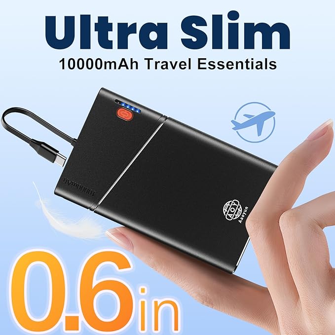 Portable Charger Power Bank, 10000mAh 22.5W PD Fast Charging Powerbank with Built-in USB C Cable, Slim External Phone Battery Pack for iPhone 17/16/15 Samsung S24 Android etc (Black)